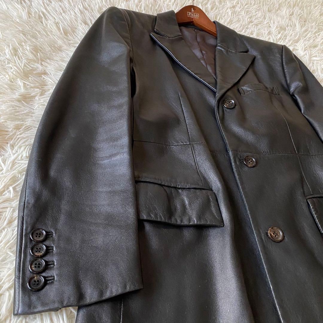 【美品✨】タケオキクチ 羊革 レザーチェスターコート ロング丈 黒 M