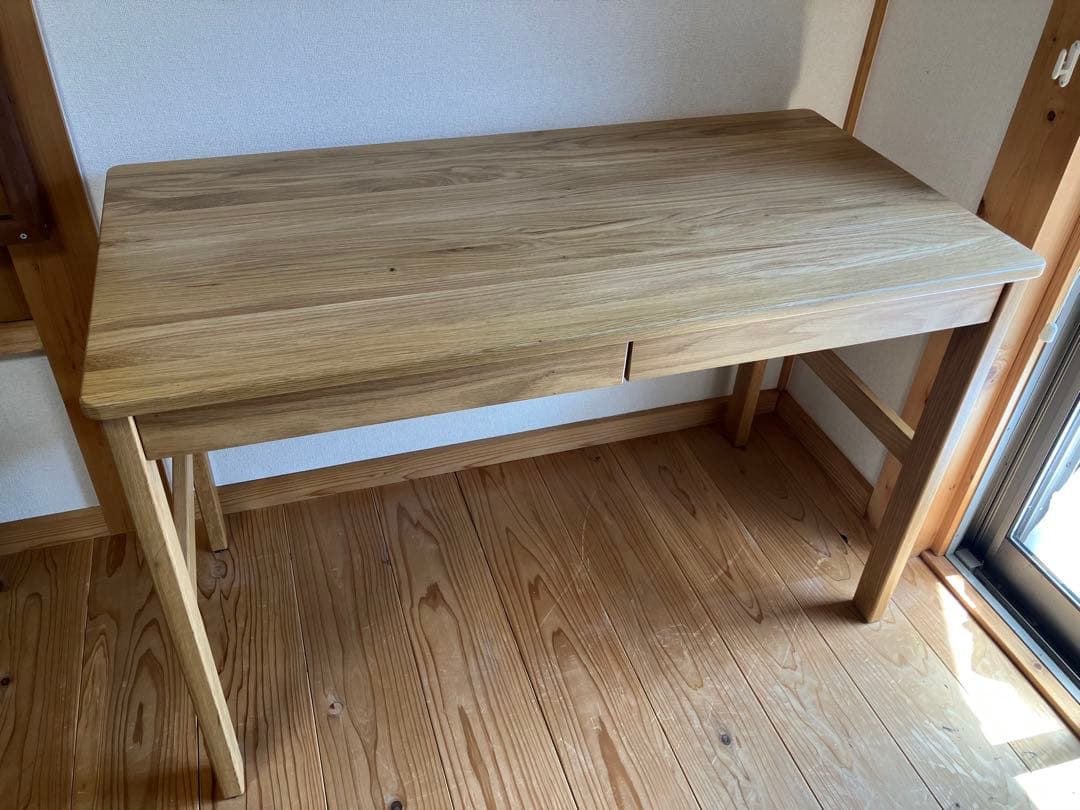 【美品】オーク無垢材デスク（引出・足元棚付）幅１１０×奥行５５×高さ７０ｃｍ