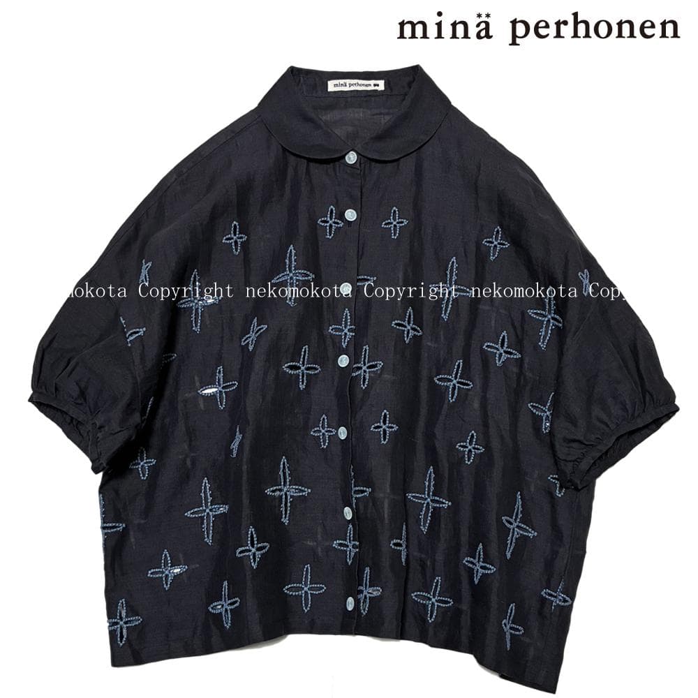 美品 ミナペルホネン wild star 刺繍 リネン 丸襟 ブラウス 38 麻