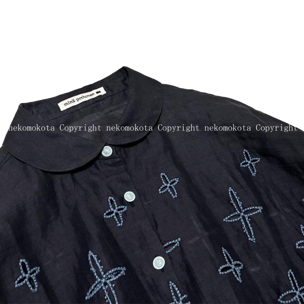 美品 ミナペルホネン wild star 刺繍 リネン 丸襟 ブラウス 38 麻