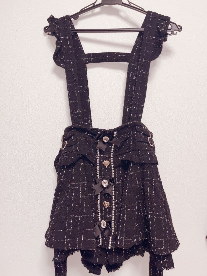 LIZLISA ツイードサスペンダー付きスカパン（ブラック）