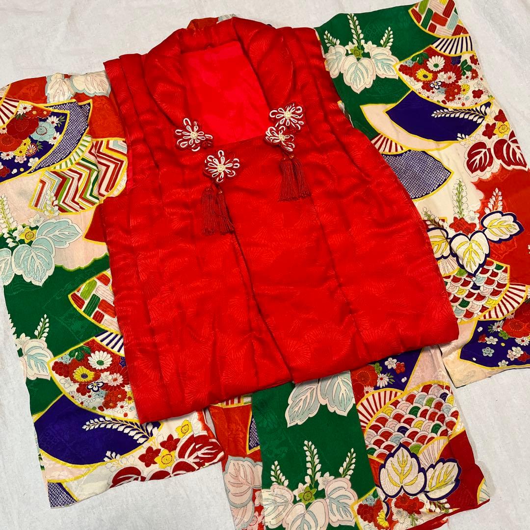 七五三　3歳　着物　被布　アンティーク　赤　古典柄