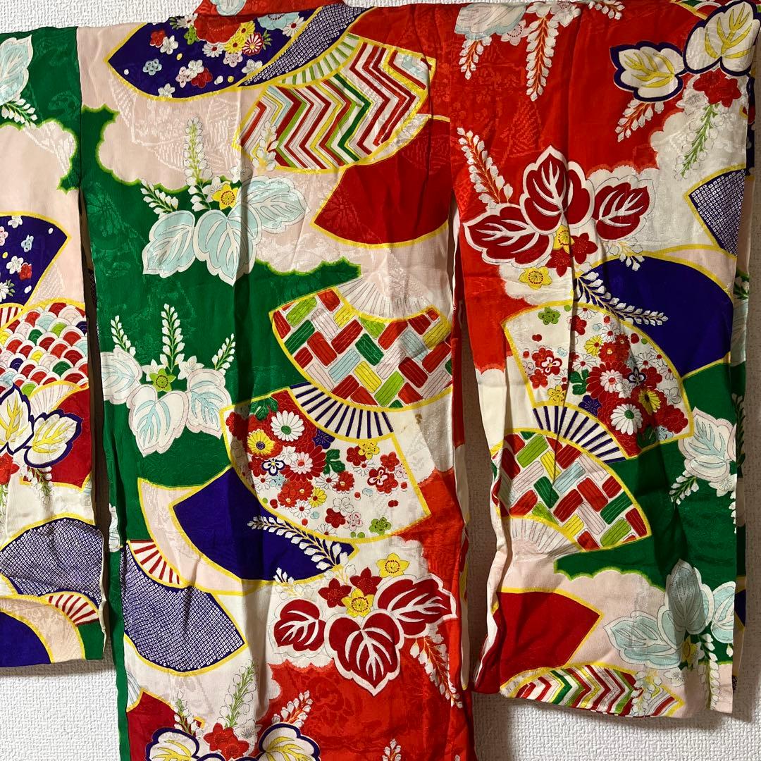 七五三　3歳　着物　被布　アンティーク　赤　古典柄