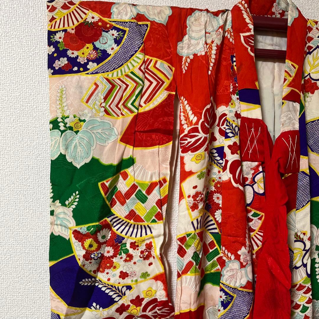 七五三　3歳　着物　被布　アンティーク　赤　古典柄