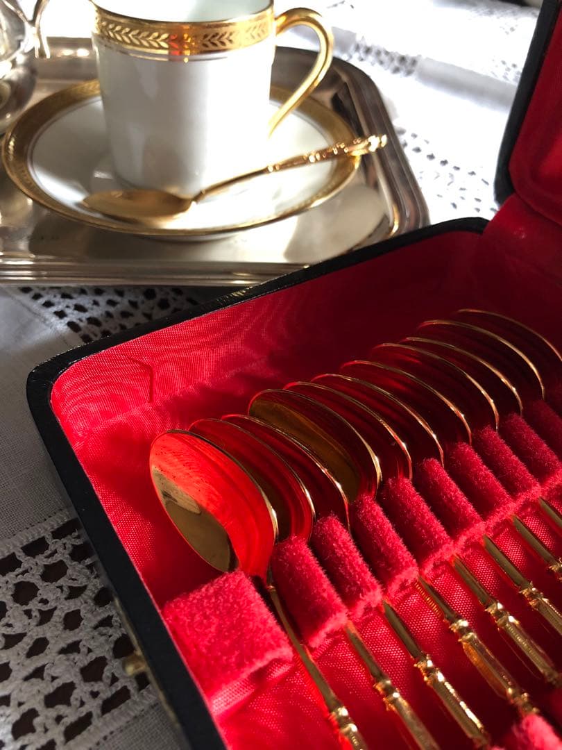 フランスアンティークケース入り24金ゴールドプレート　デミタススプーンSFAM