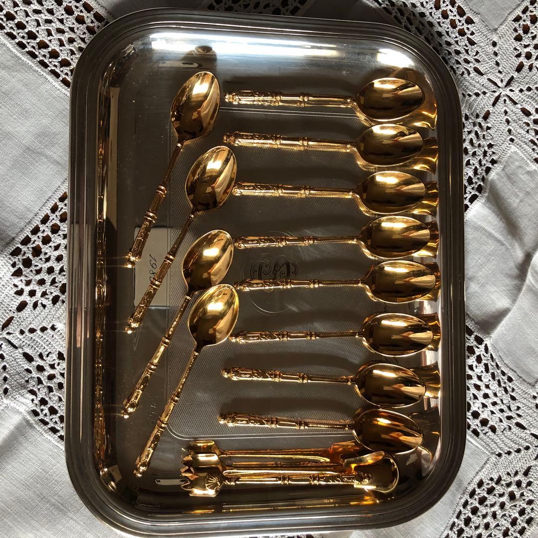 フランスアンティークケース入り24金ゴールドプレート　デミタススプーンSFAM