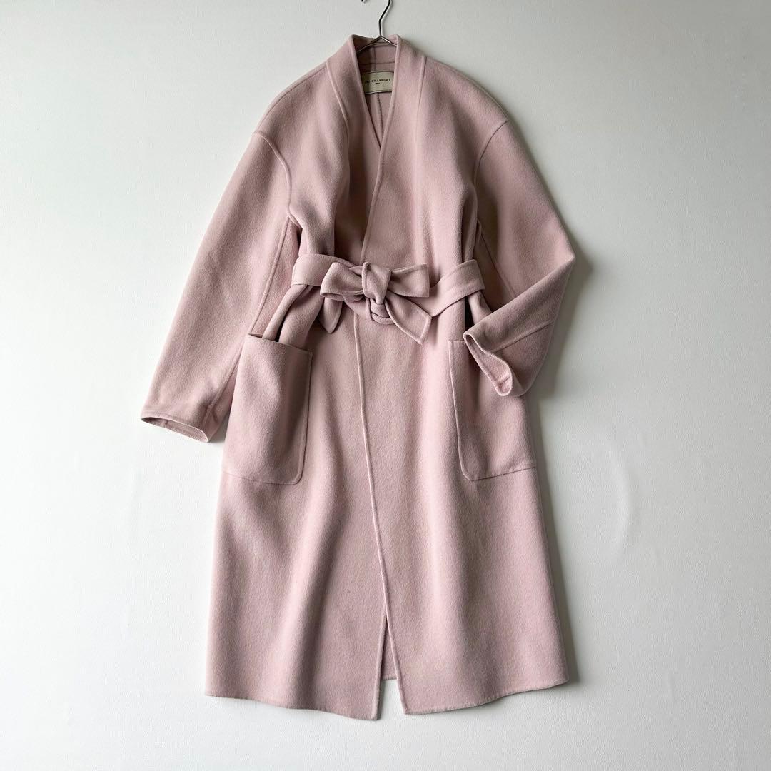 3072y美品 ユナイテッドアローズ ノーカラーロングリバーコート ピンク