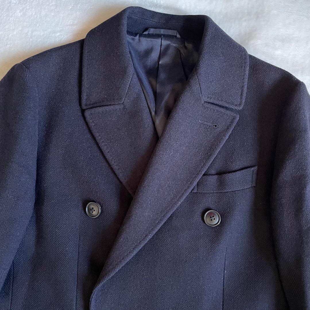 モアレス BEAMS ヘリンボーンカシミヤ混チェスターコート XL 紺