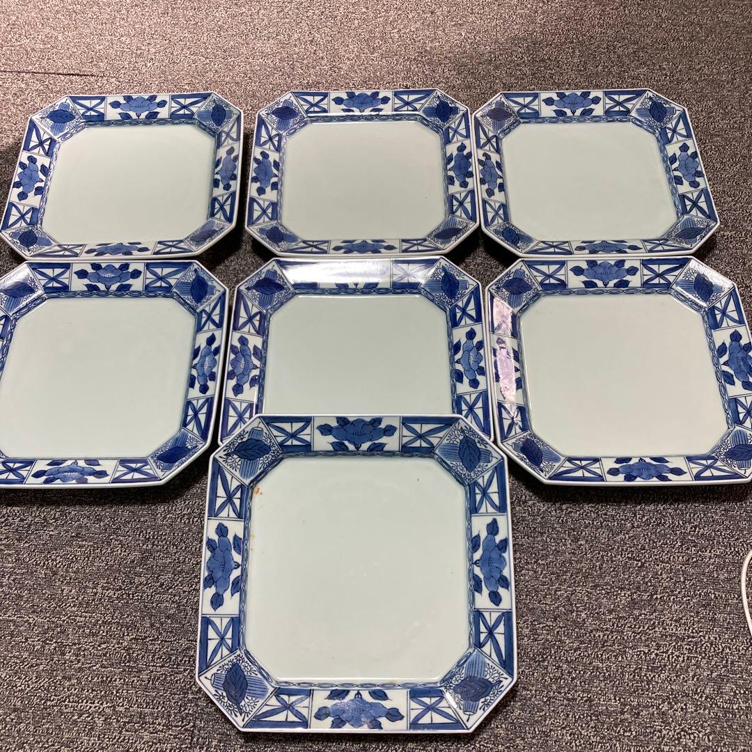 有田焼　八角形皿 大皿　青い花柄 盛り皿　7枚セット