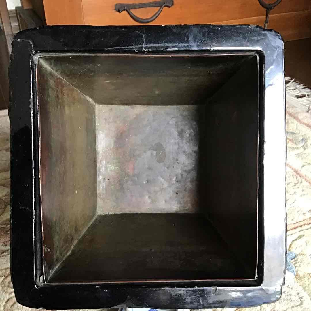 A044 アンティーク　木製　鶴瓶桶形火鉢　欅　漆　鉢カバー　小物入