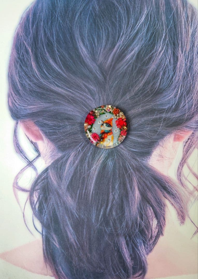 レジン　猫　ヘアゴム　ブローチ　ポニーフック　No.318