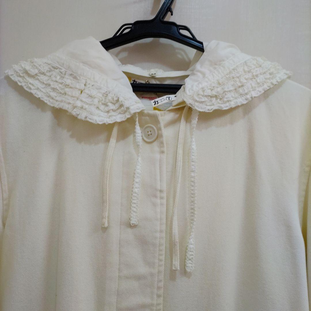 ワンダフルワールド　白　ピコフリル付のフード付　ロングコート　PH.KI.IG