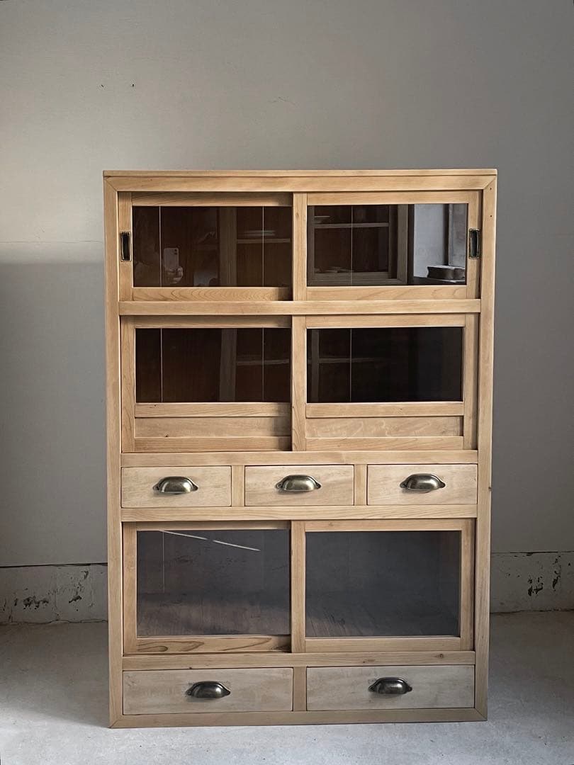 古いガラス戸棚　食器棚　レトロ　水屋　アンティーク　古道具