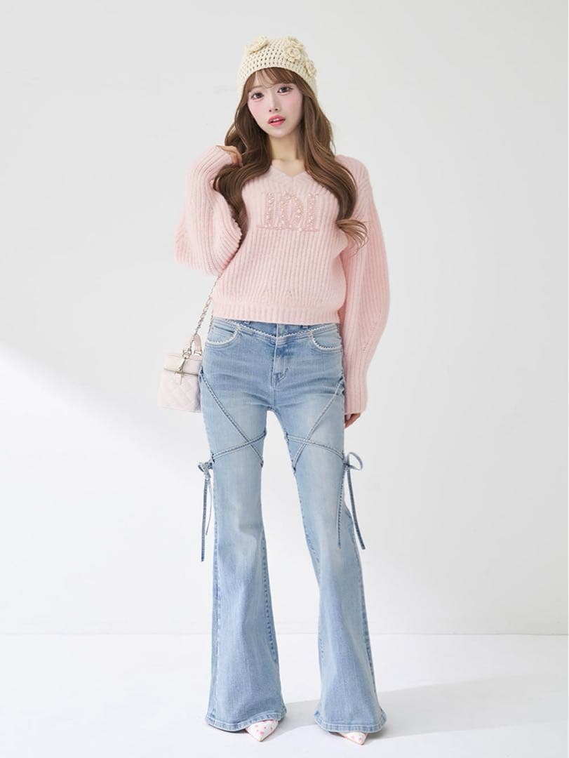 ダーリッチ ファンシービーズDDロゴボリュームニットトップス ピンク