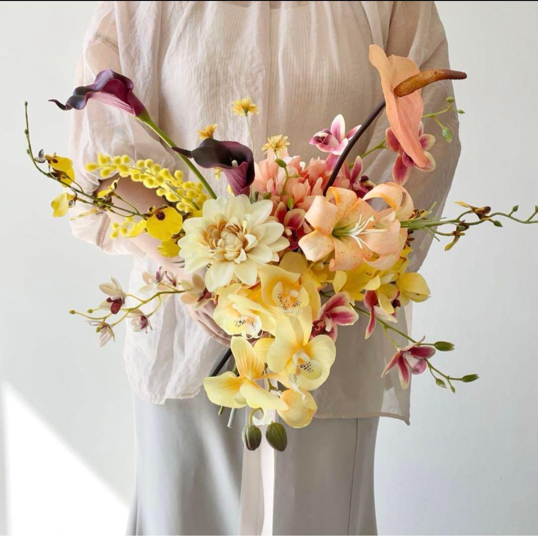 結婚式ブーケ　イエロー　(ブートニア付き) アーティフィシャルブーケ