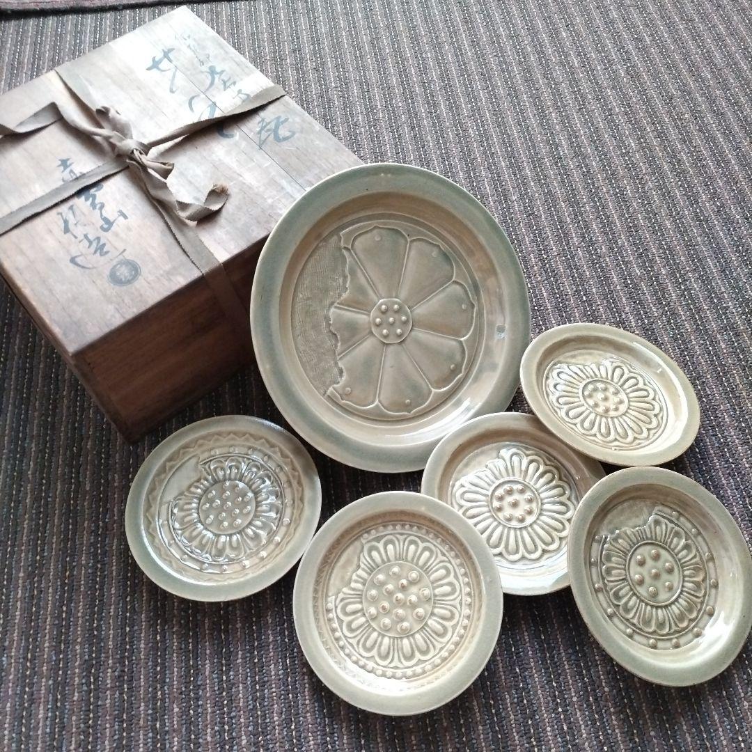 【美品】赤膚山／赤膚焼　大塩正松　蓮華瓦文様　大皿１枚　取皿５枚　計６枚セット