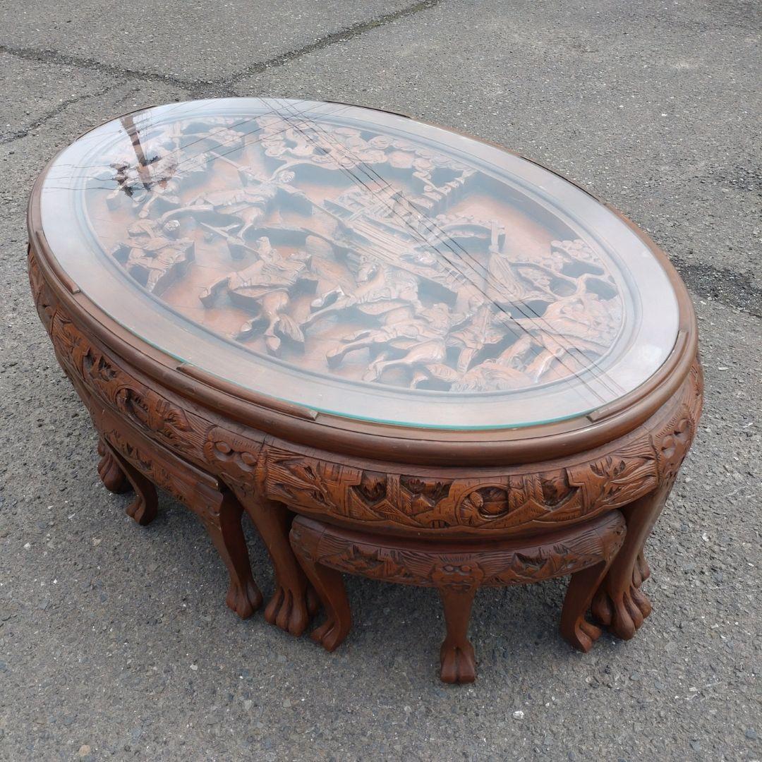 アジアン　彫刻装飾付き椅子　6脚セット