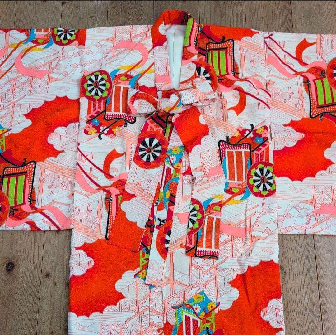 【専用】七五三　アンティーク着物　桜ピンク地水色紗綾柄/セミアンティーク産着被布