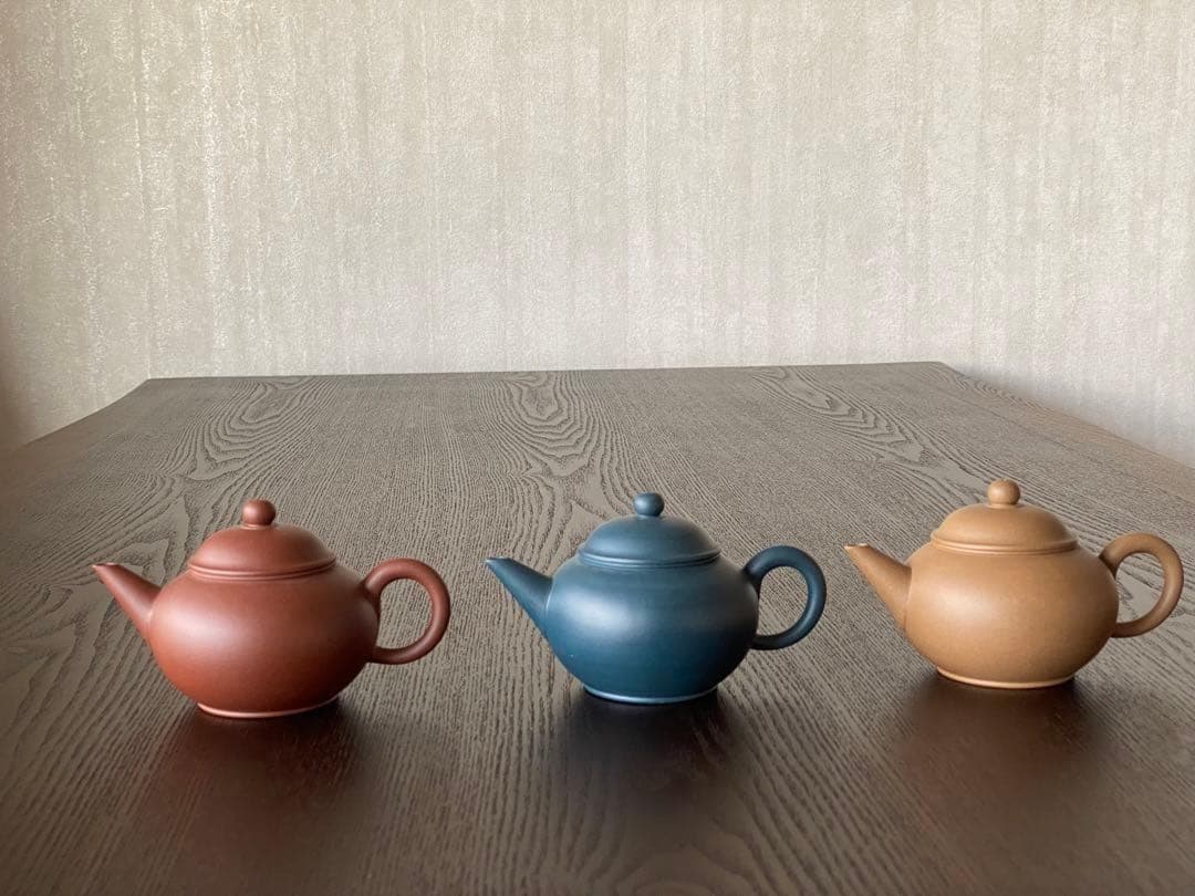 中国宜興紫砂茶壺中国古玩　希少品　周健栄作家作品　煎茶茶道具水平急須3色セット