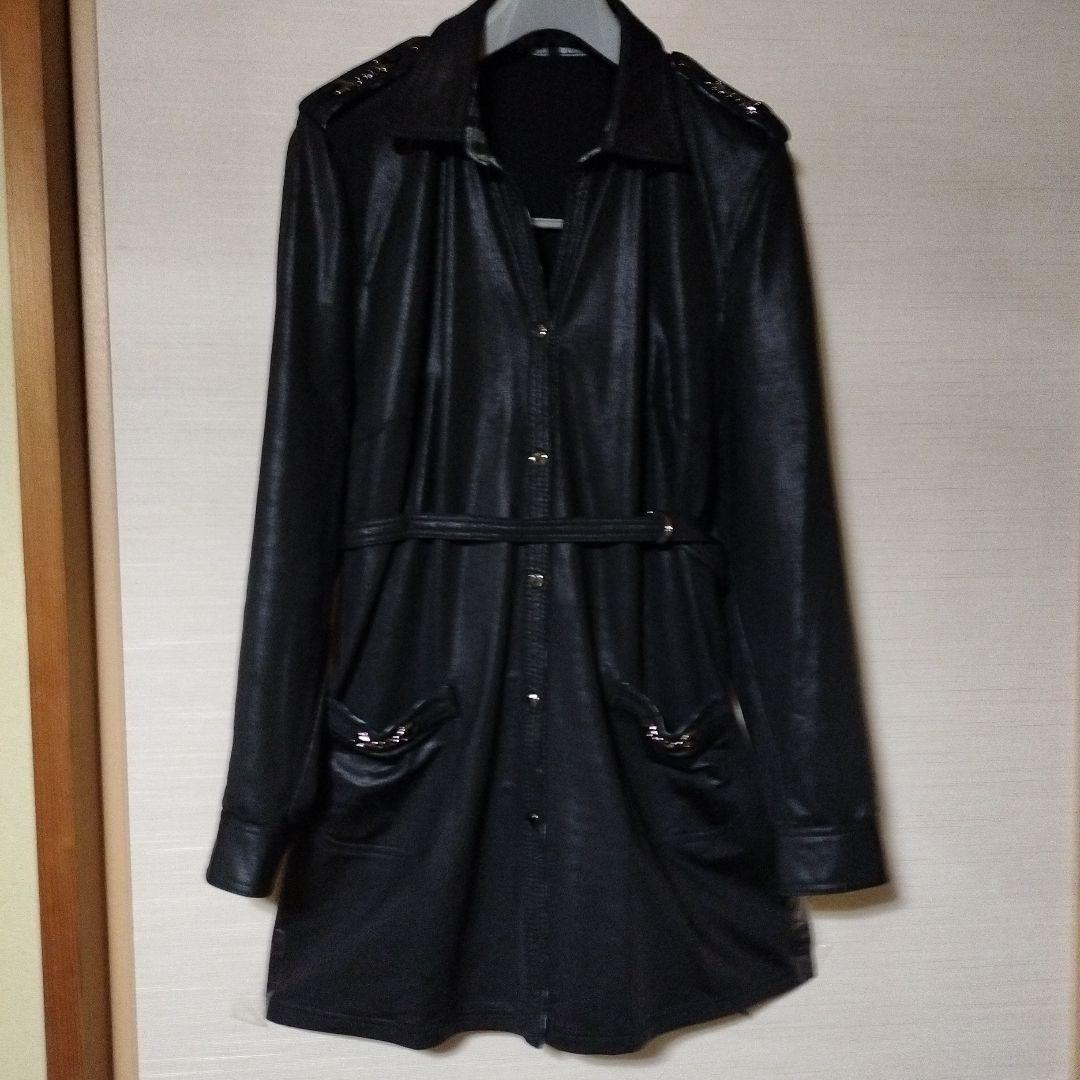 伊太利屋ブラックレザー調コート ウエストベルト付き