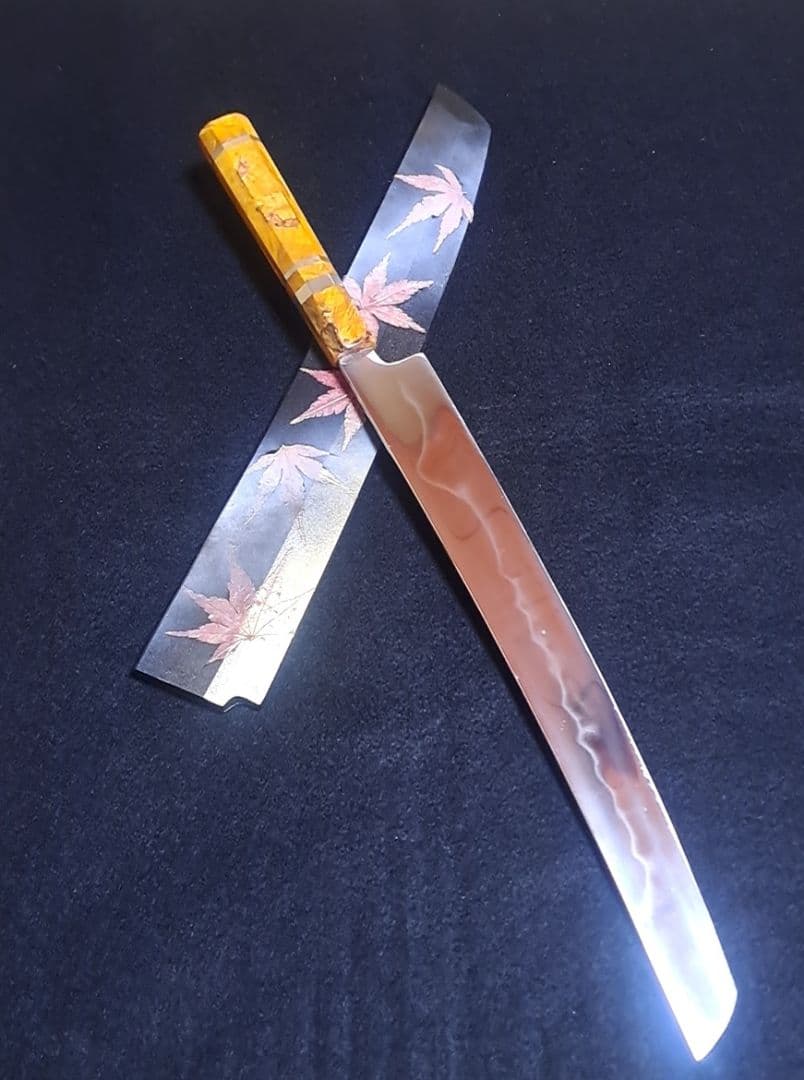 本焼 先丸 尺1寸 富士波紋 全鏡面 柳刃 スタビライズドウッド オリジナル鞘