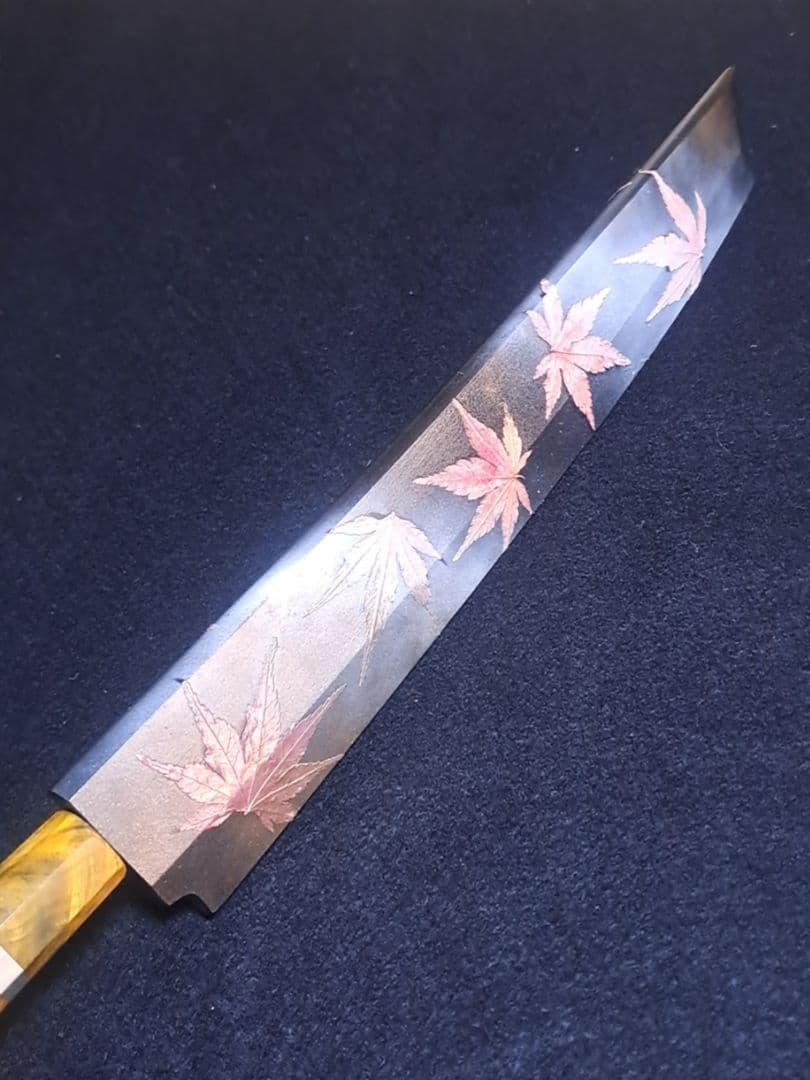 本焼 先丸 尺1寸 富士波紋 全鏡面 柳刃 スタビライズドウッド オリジナル鞘