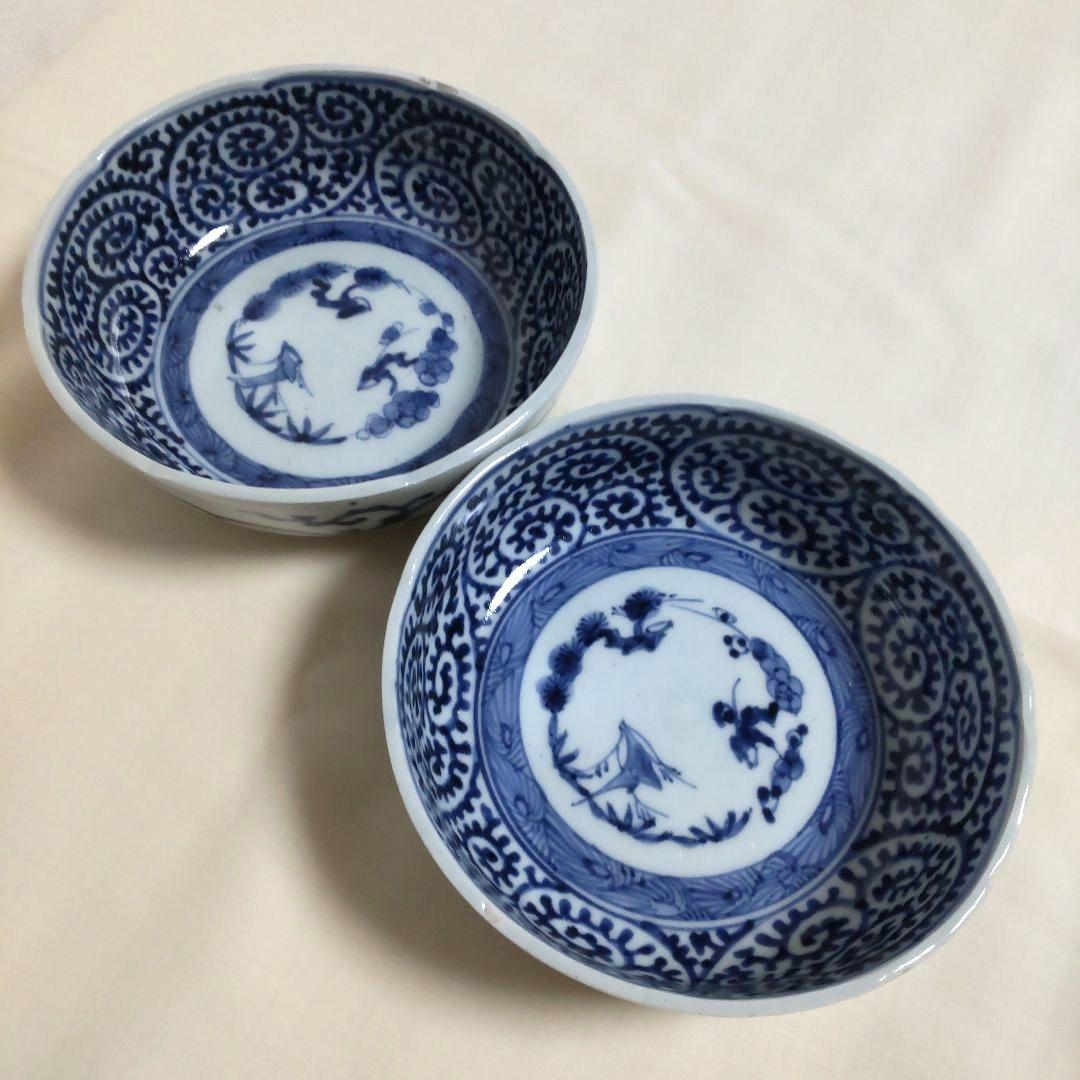 古伊万里 染付 たこ唐草 なます皿(2客) 富貴長春 時代物 骨董