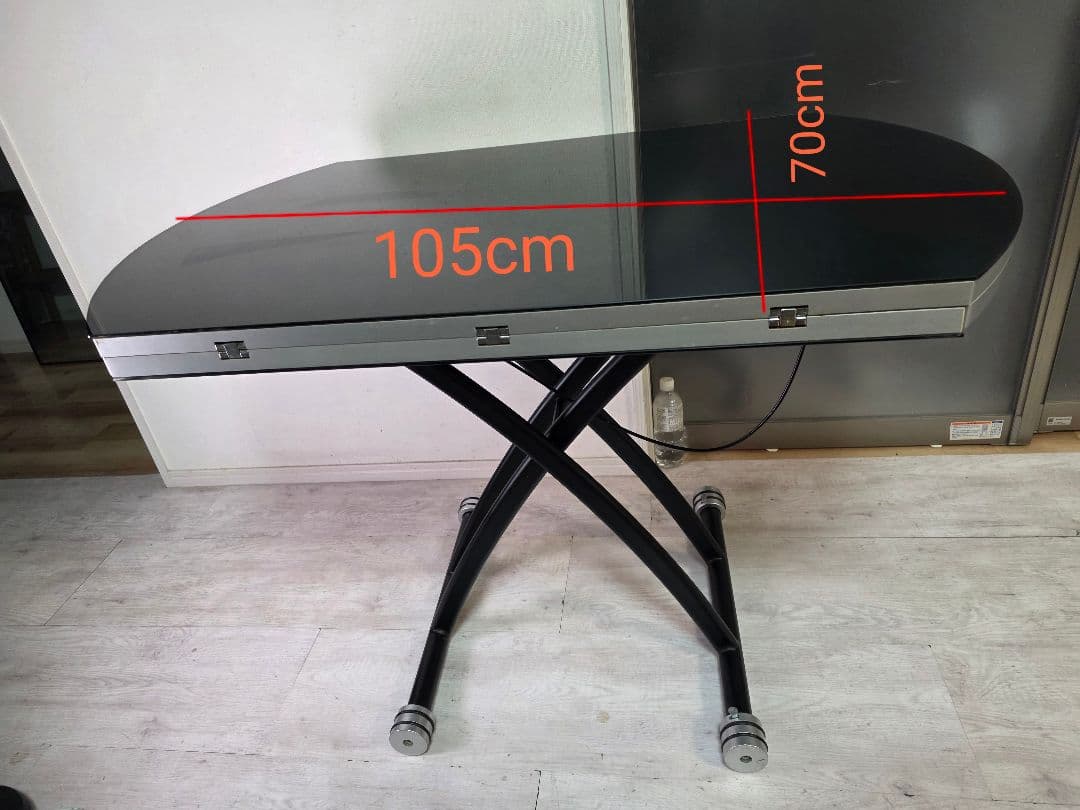 ガス圧式昇降式　拡張式天板折りたたみ式サイドテーブル　円型ガラステーブル