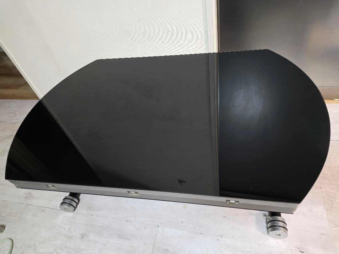 ガス圧式昇降式　拡張式天板折りたたみ式サイドテーブル　円型ガラステーブル