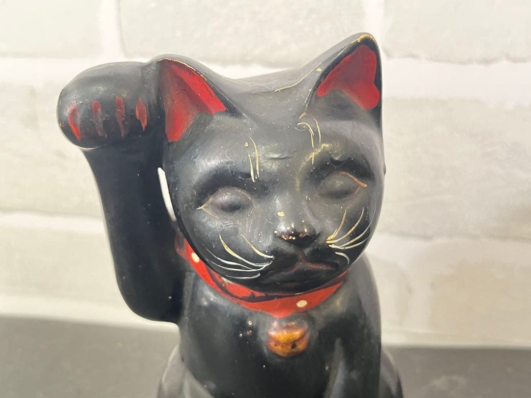 古美術 黒猫 招き猫 貯金箱 置物 陶器製 骨董品