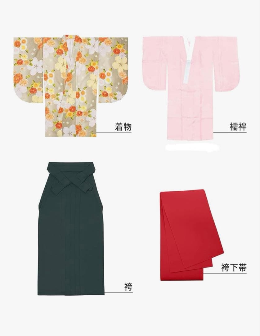 袴　小学校　卒業式　４点セット　簡易着付け　花曇りに古菊