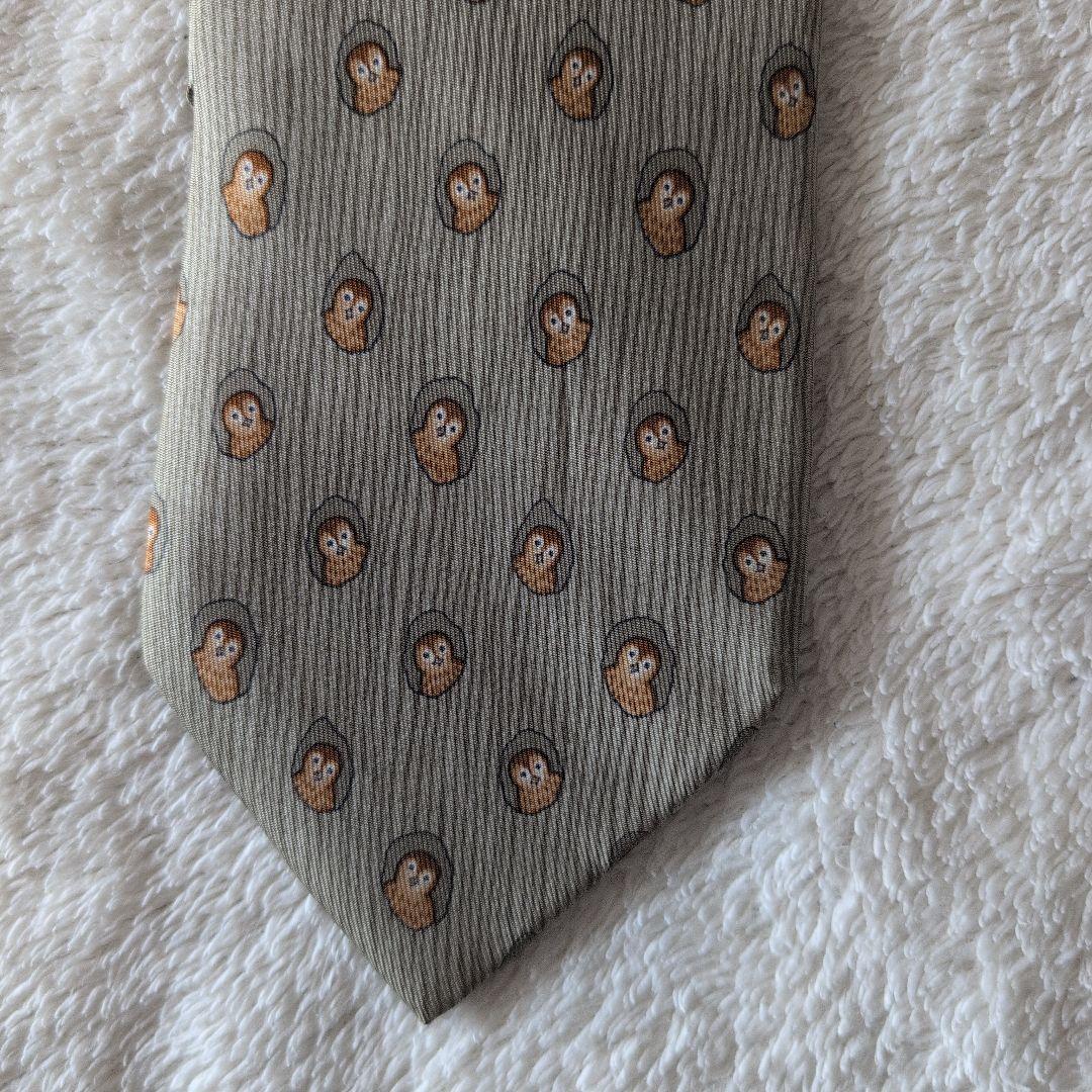 HERMES　エルメス　ネクタイ　フクロウ　総柄　ドット　グレージュ系