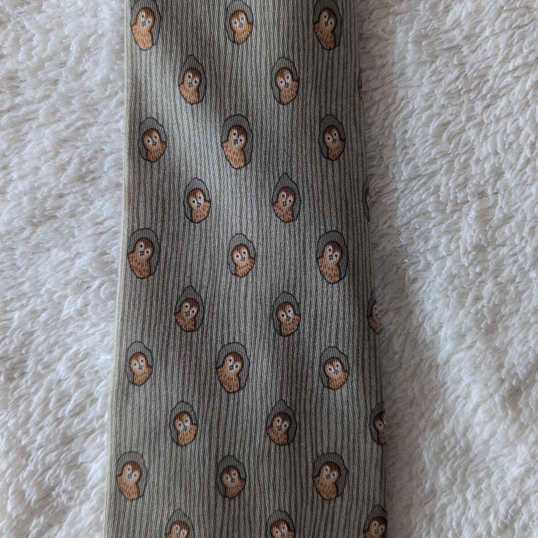 HERMES　エルメス　ネクタイ　フクロウ　総柄　ドット　グレージュ系