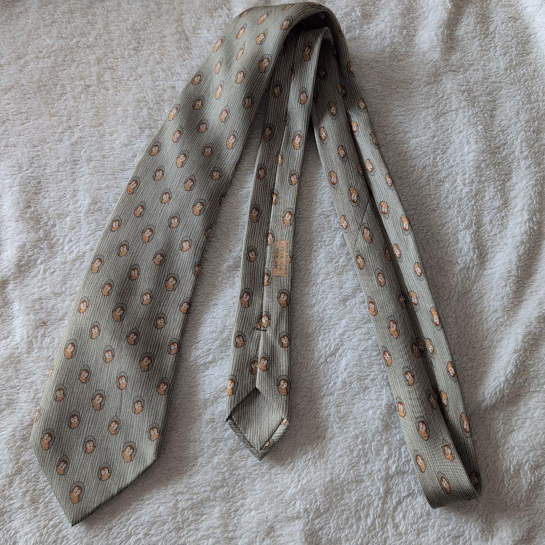 HERMES　エルメス　ネクタイ　フクロウ　総柄　ドット　グレージュ系