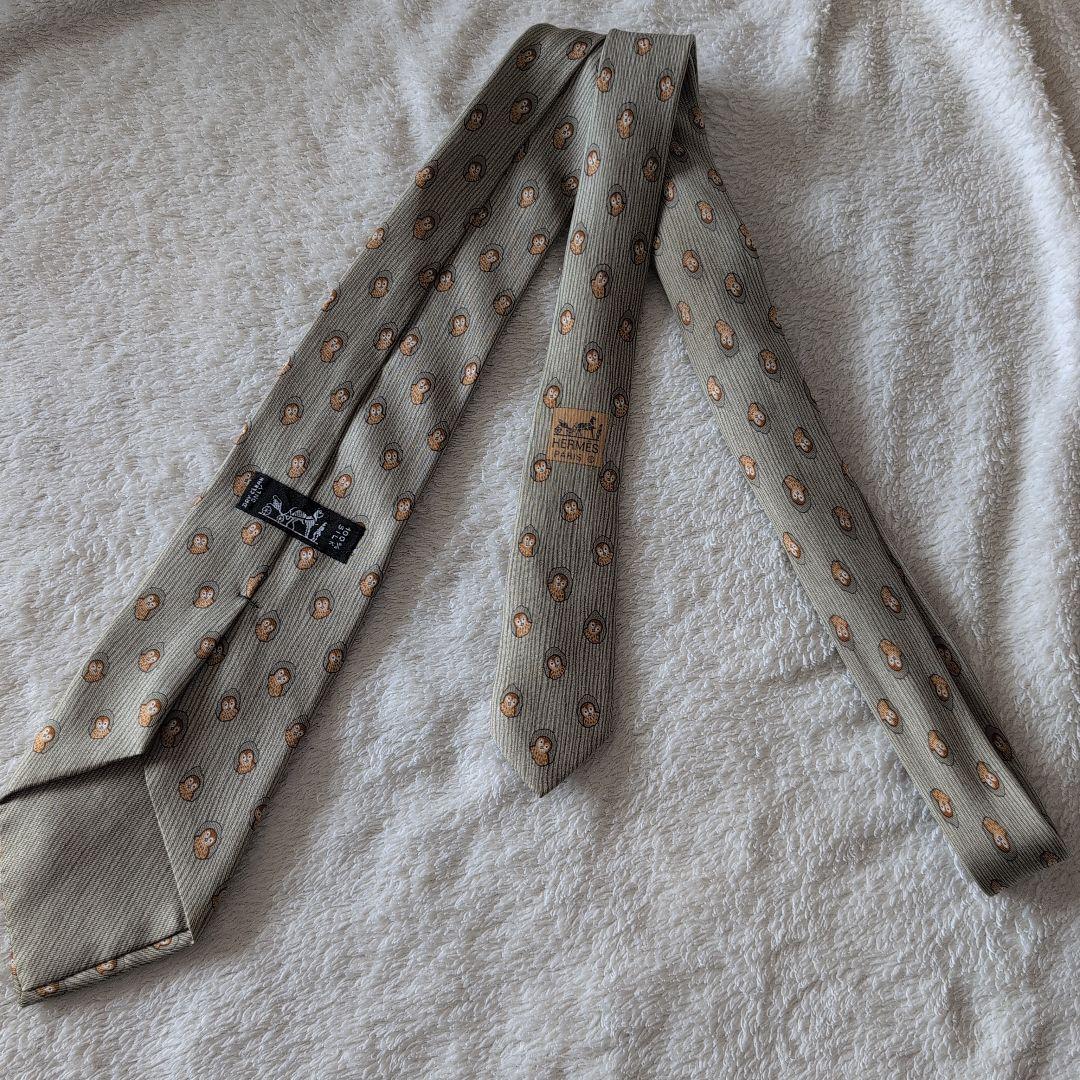 HERMES　エルメス　ネクタイ　フクロウ　総柄　ドット　グレージュ系