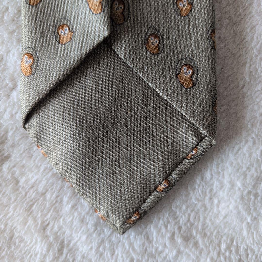 HERMES　エルメス　ネクタイ　フクロウ　総柄　ドット　グレージュ系