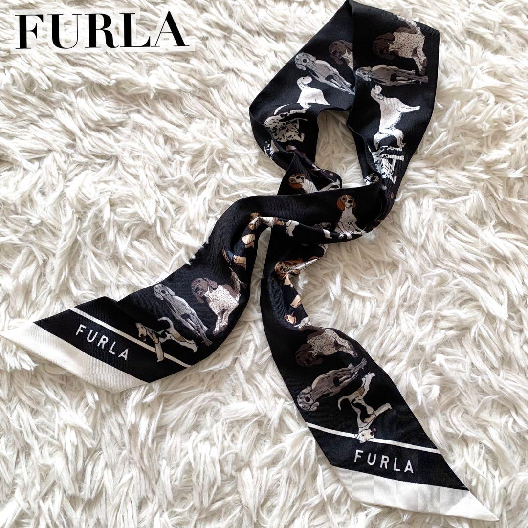 未使用級✨フルラ 現行 スカーフ シルク100% ドッグモチーフ バンダナ 黒