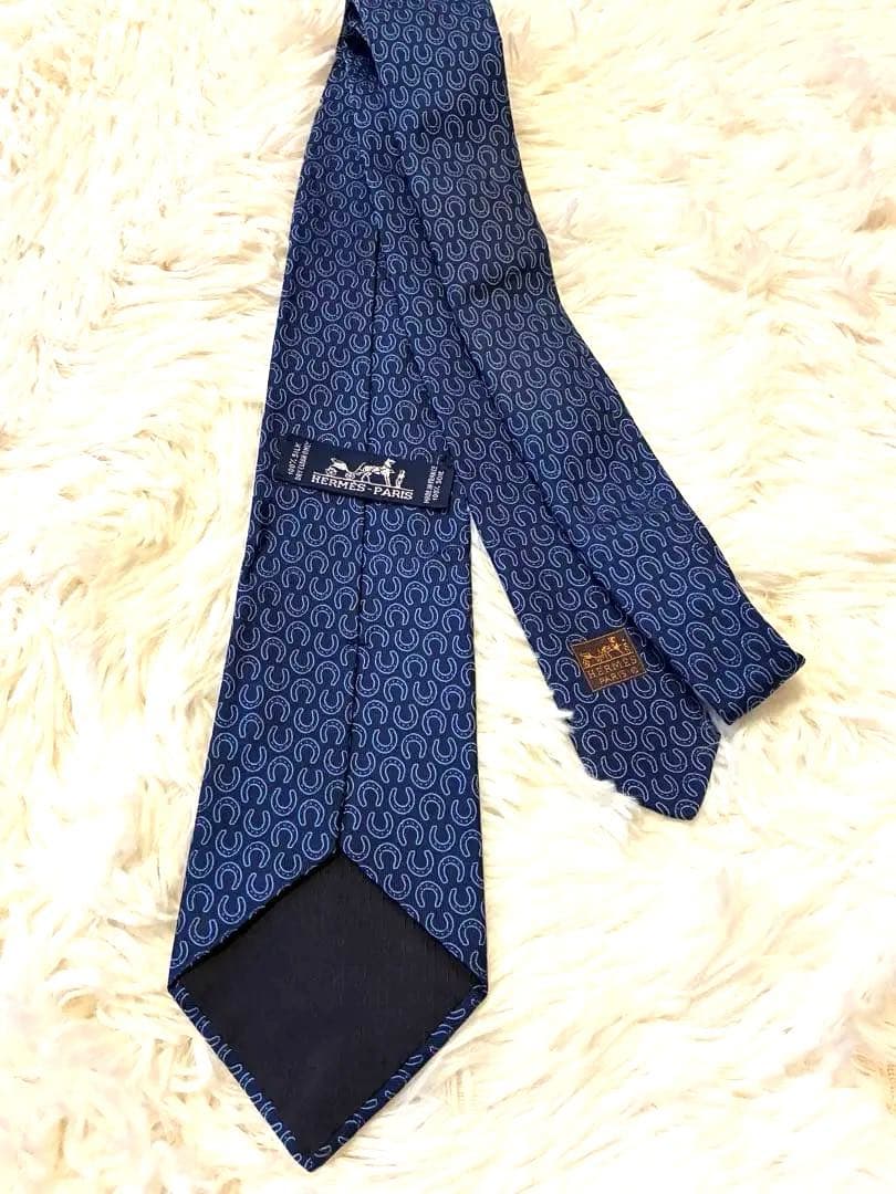 【美品】エルメス　ネイビー 馬蹄模様 ネクタイ シルク