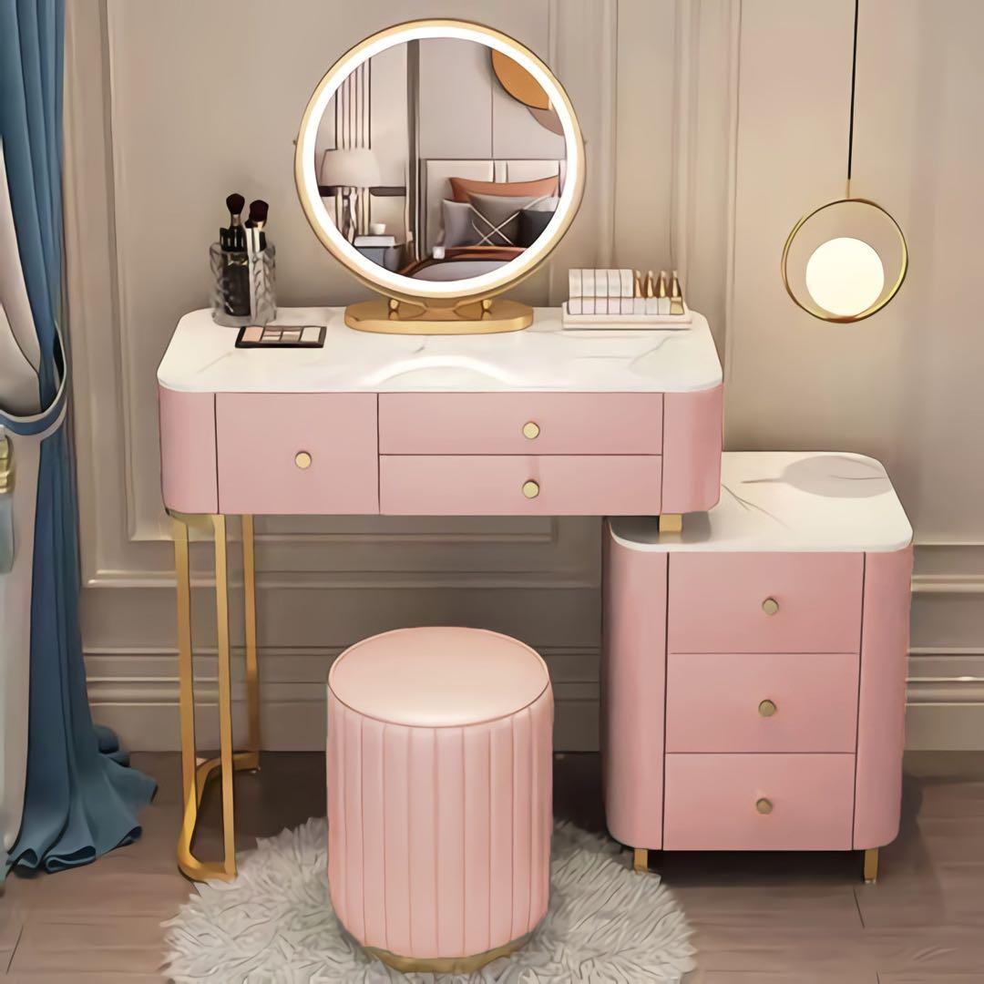 北欧風  ピンク80cmオシャレドレッサーレザー調 大理石天板 LEDミラー