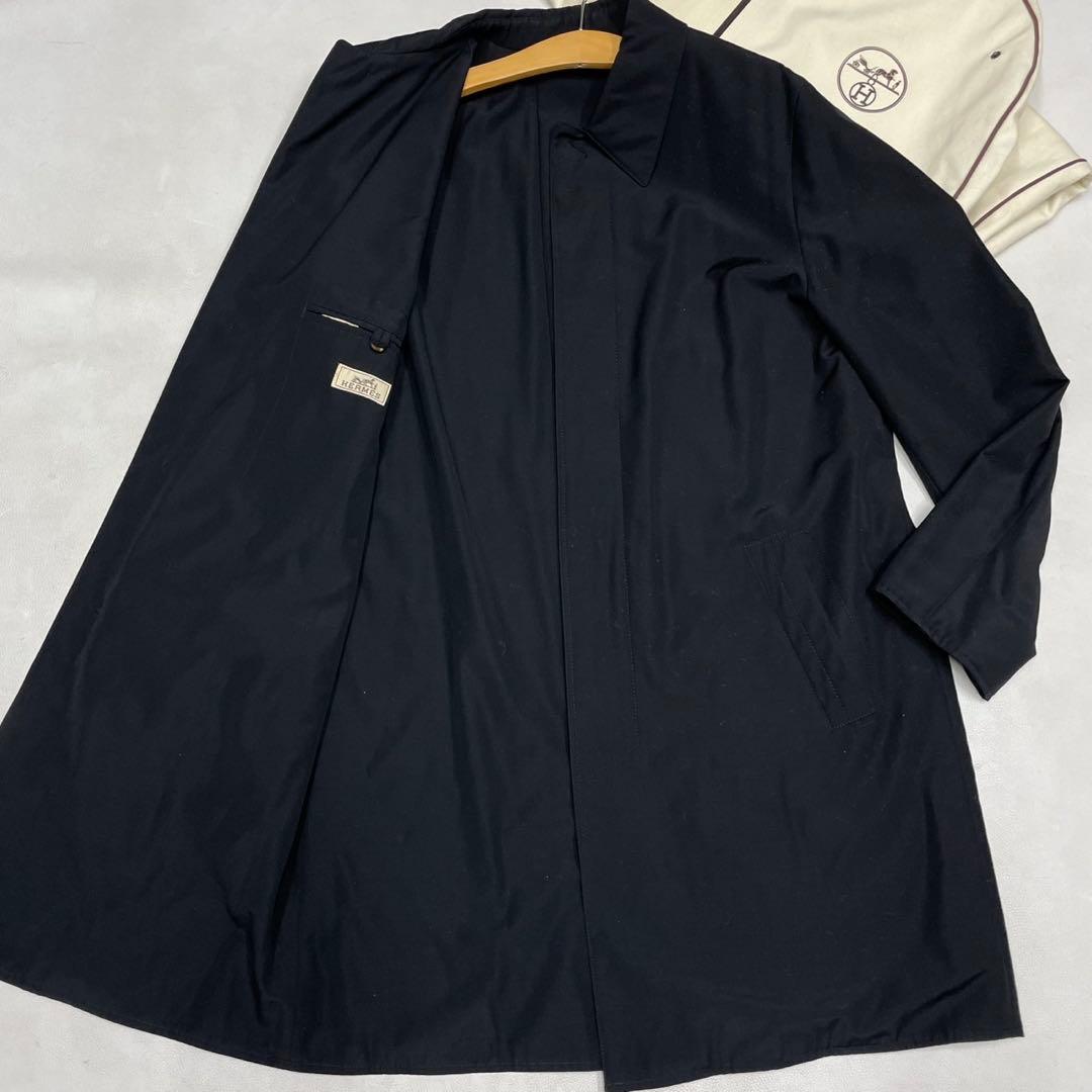 HERMES エルメス ステンカラーコート ブラック ウール ロング丈