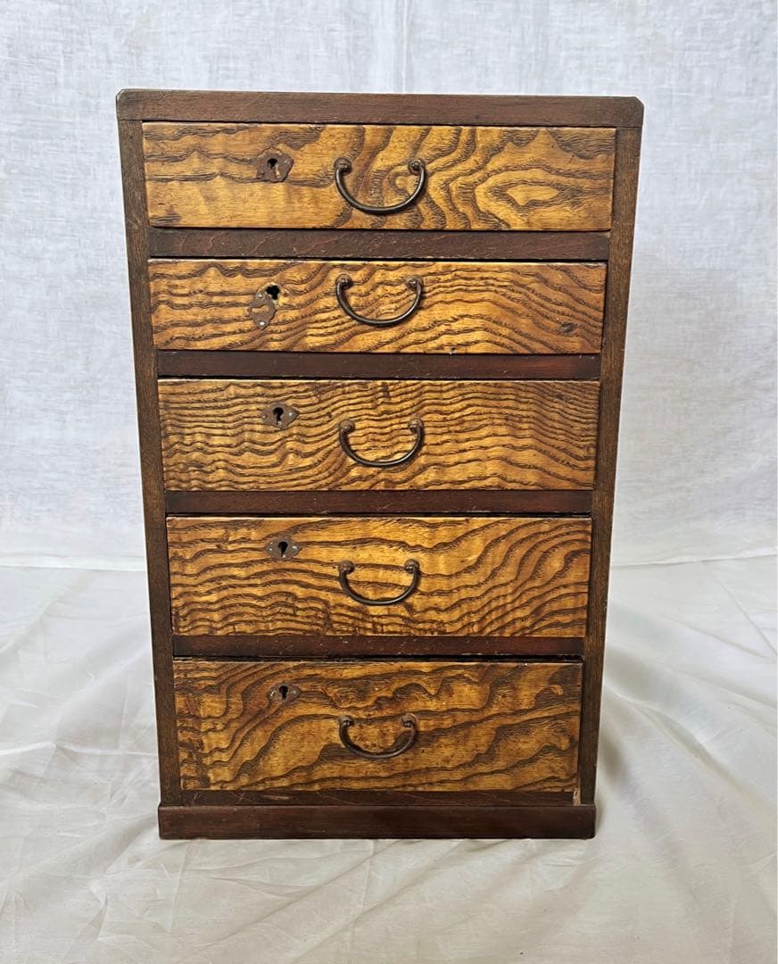 【アンティーク】虎木目 5杯 小引出し 書類ケース 無垢材 古家具 古民具
