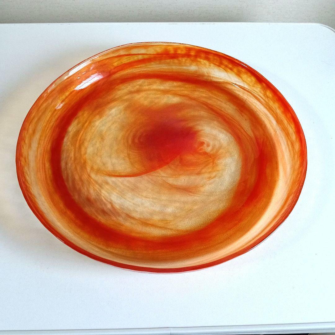 上越クリスタル オレンジマーブルガラス皿 直径約41cm 丸水盤　希少！