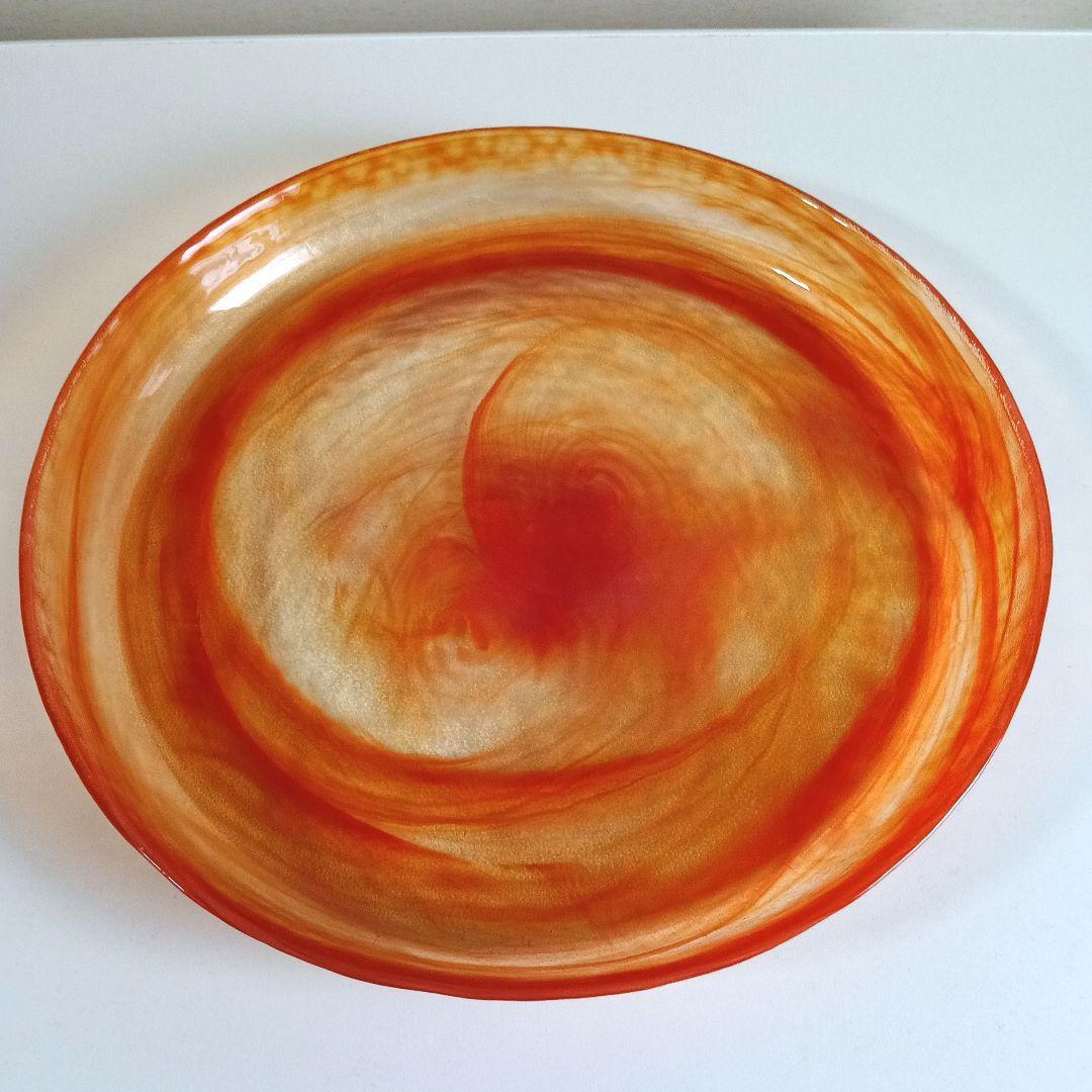 上越クリスタル オレンジマーブルガラス皿 直径約41cm 丸水盤　希少！