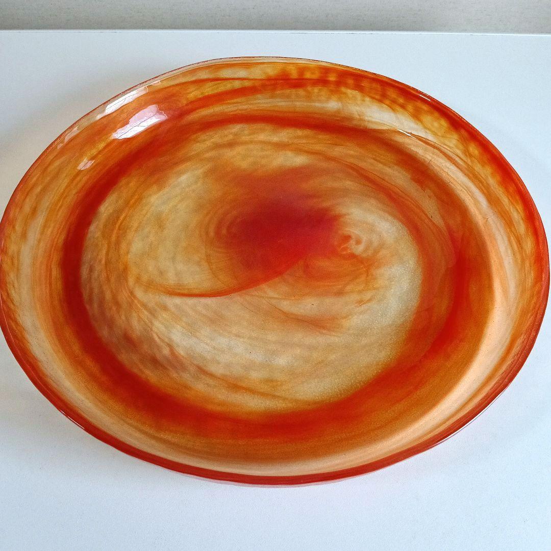 上越クリスタル オレンジマーブルガラス皿 直径約41cm 丸水盤　希少！