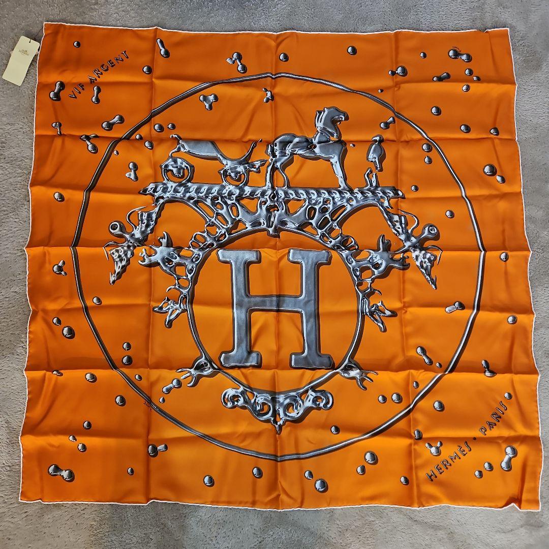 HERMES オレンジ　未使用品　シルク　スカーフ　カレ90