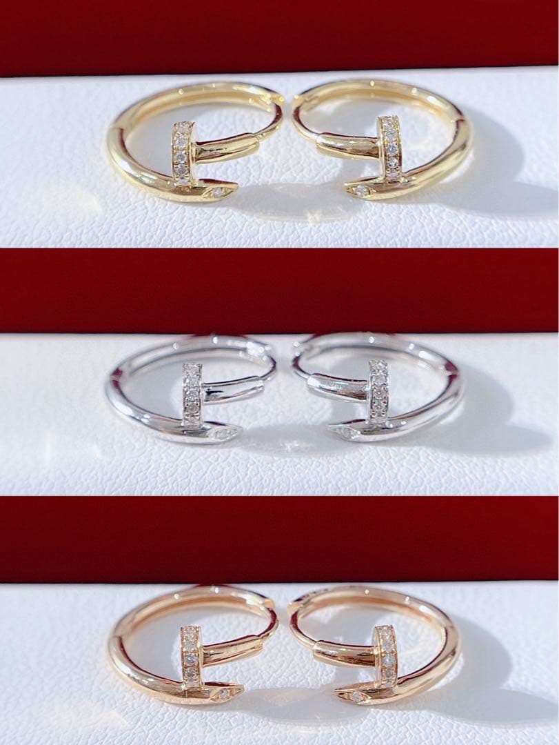 K18WG YG PG 両端ダイヤ入り 釘モチーフピアス 18金