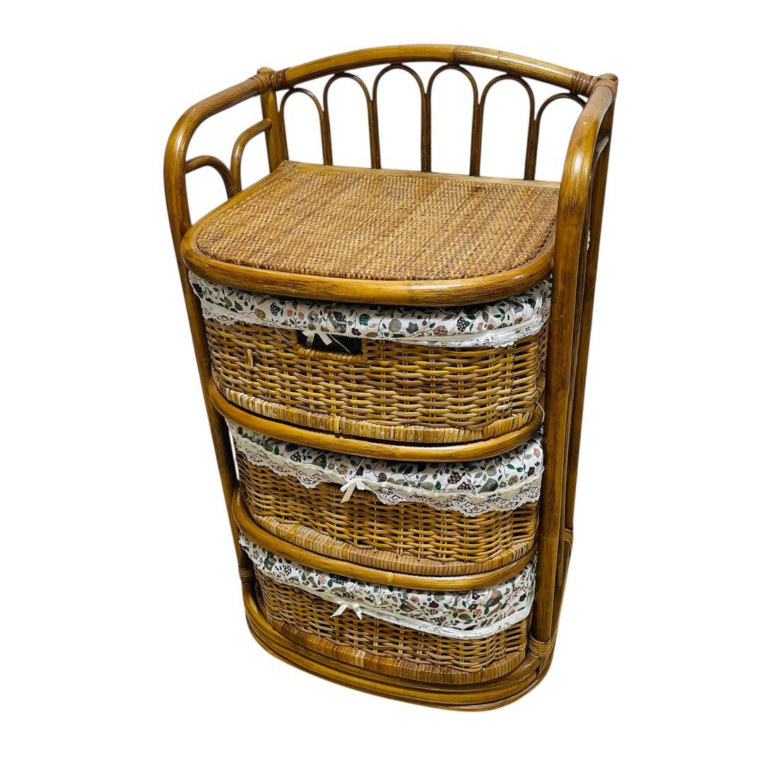 【良品】ラタン チェスト 3段 キャスター付き 籐 レトロ