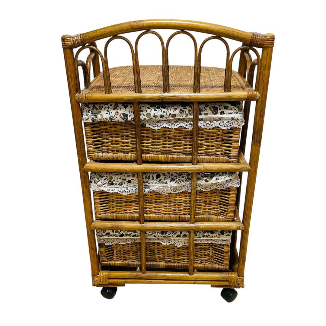 【良品】ラタン チェスト 3段 キャスター付き 籐 レトロ