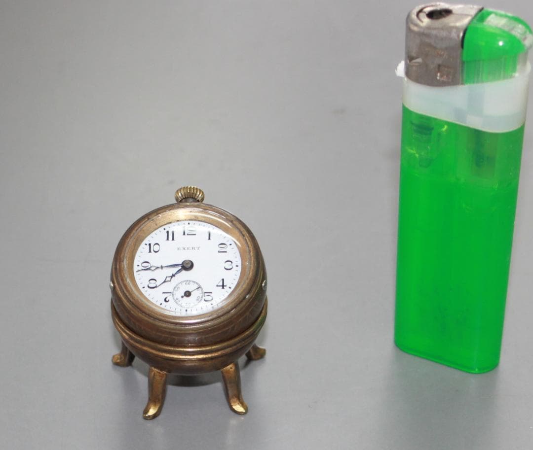 珍品 手巻き 置時計 エナメル 琺瑯 EXERT球形 五つ脚台座付き 稼働品