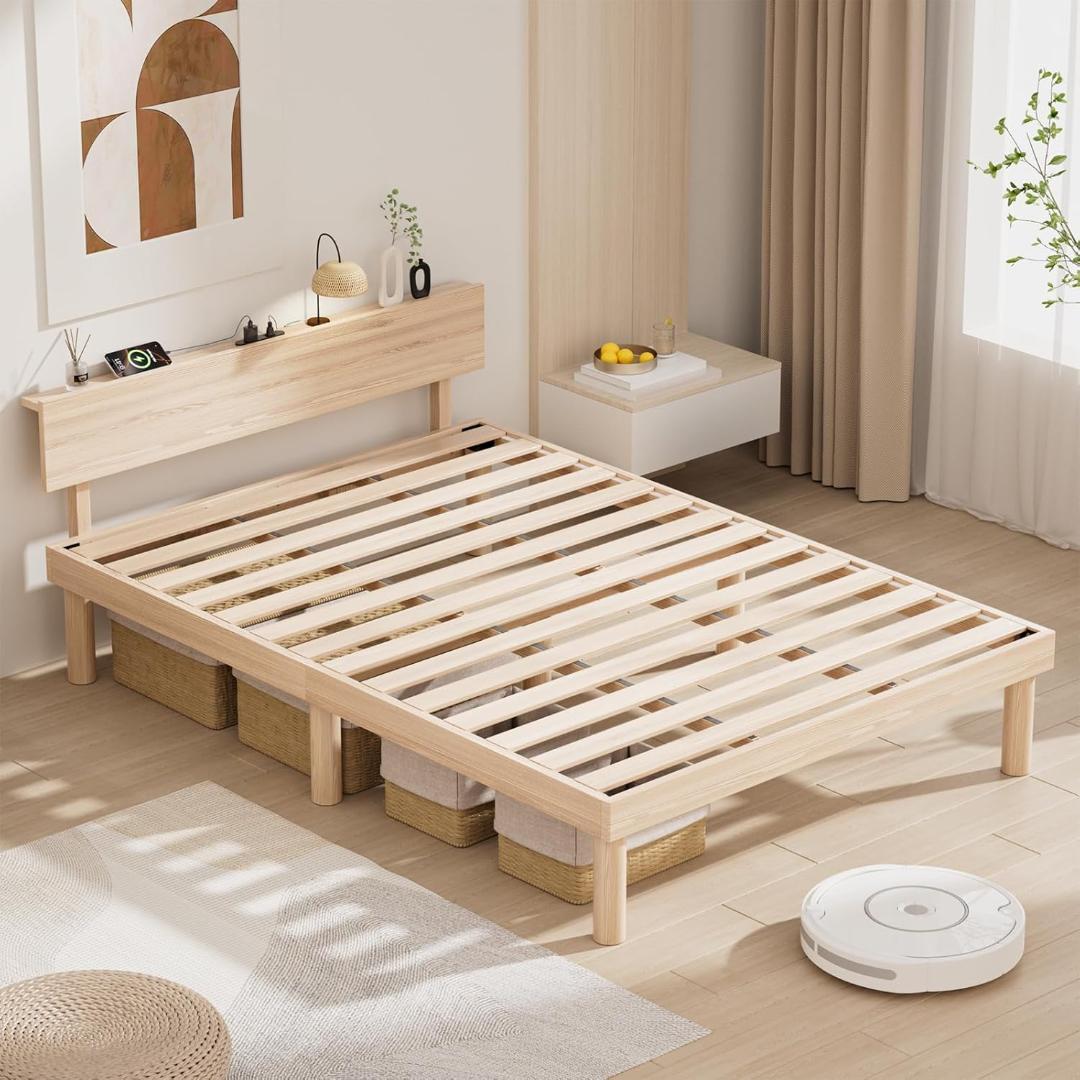 シングルベッドフレーム 宮棚 2口コンセント 天然木 すのこ　耐荷重200kg